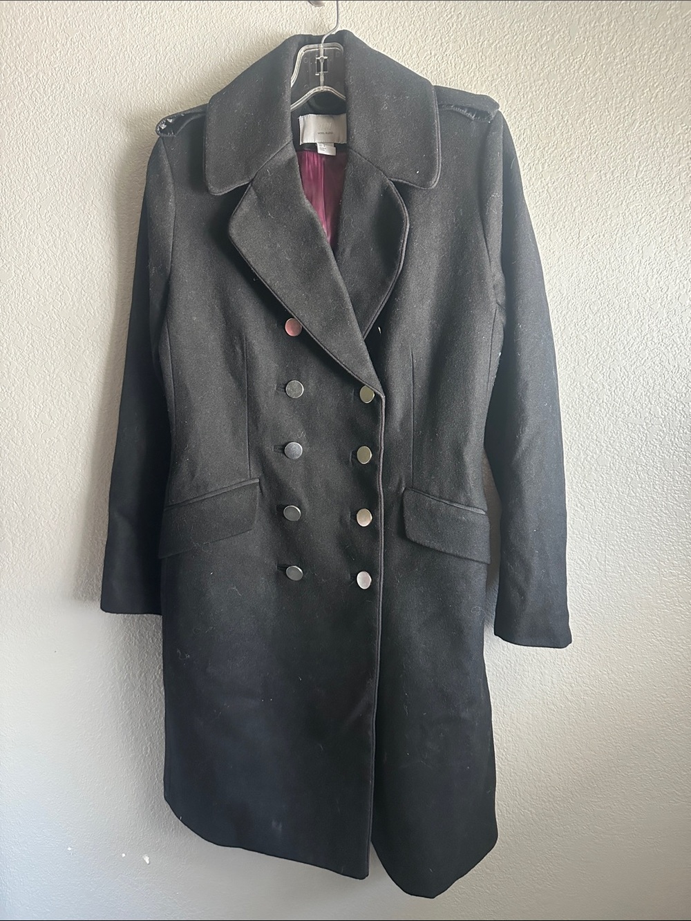 H&M Black Double-Breasted Pea Coat with Purple Lining